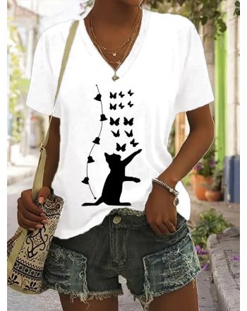 Cat Loose V Neck Casual T-Shirt