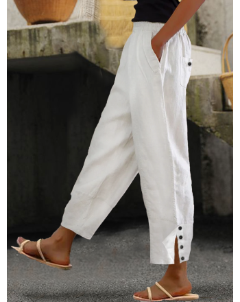 Loose Buttoned Cotton And Linen Linen Pants