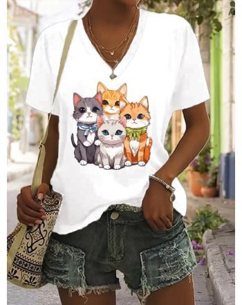 Cotton V Neck Casual Cat T-Shirt