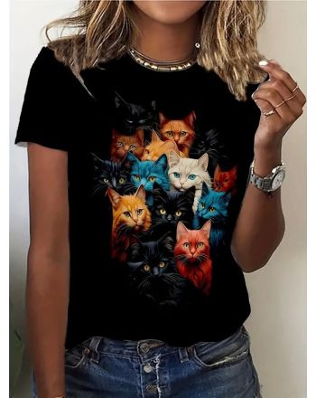 Cat Crew Neck Casual T-Shirt