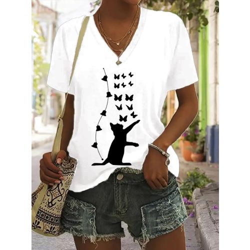 Cat Loose V Neck Casual T-Shirt