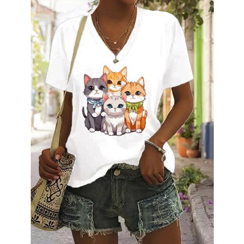 Cotton V Neck Casual Cat T-Shirt