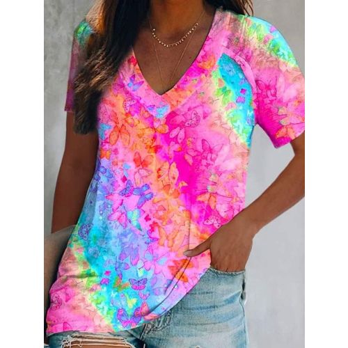 Vacation Loose V Neck Butterfly T-Shirt